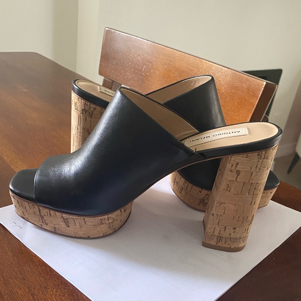 ANTONIO MELANI Black and Tan Mules with Block Heel